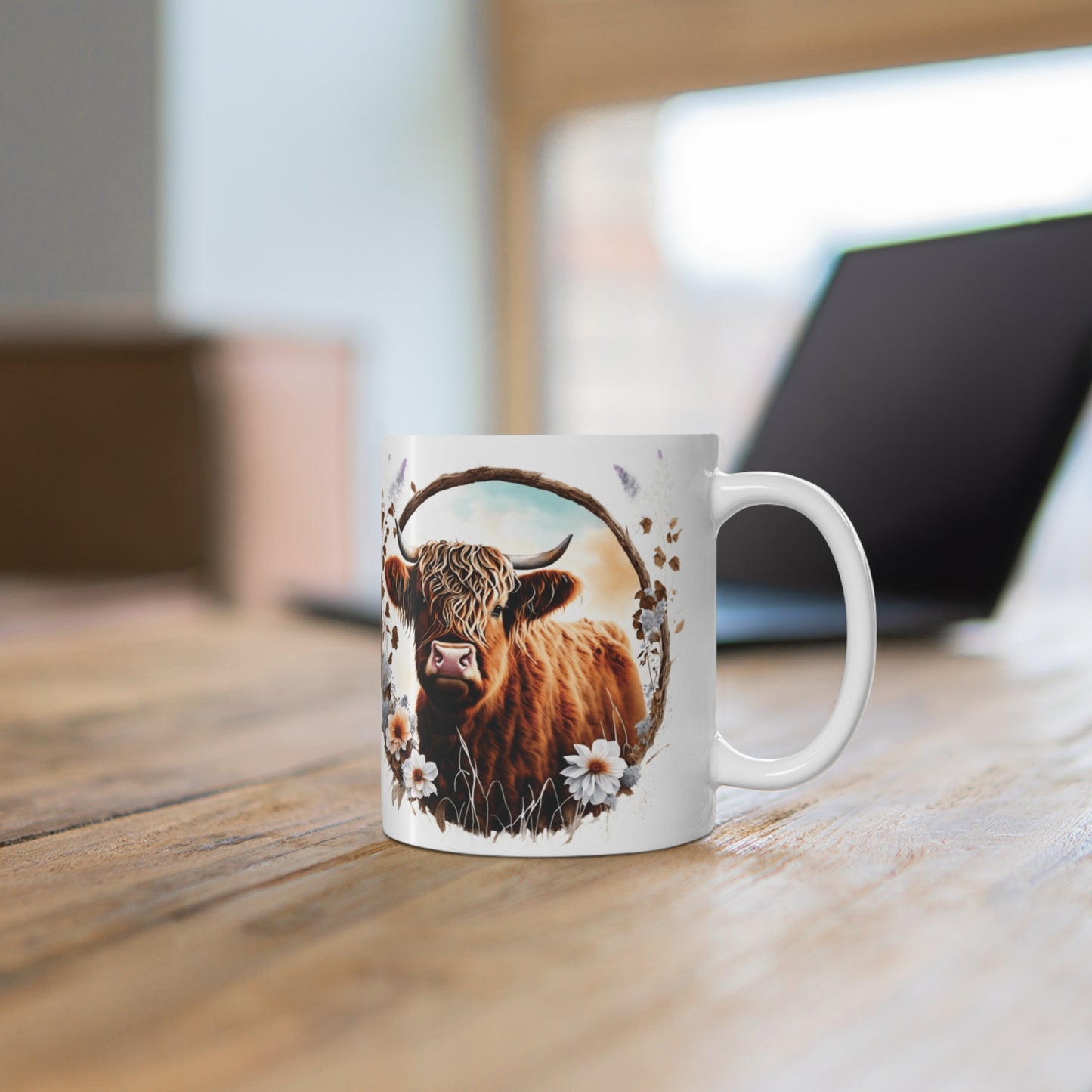 Highland Cattle Cow White Ceramic Mug, 11oz