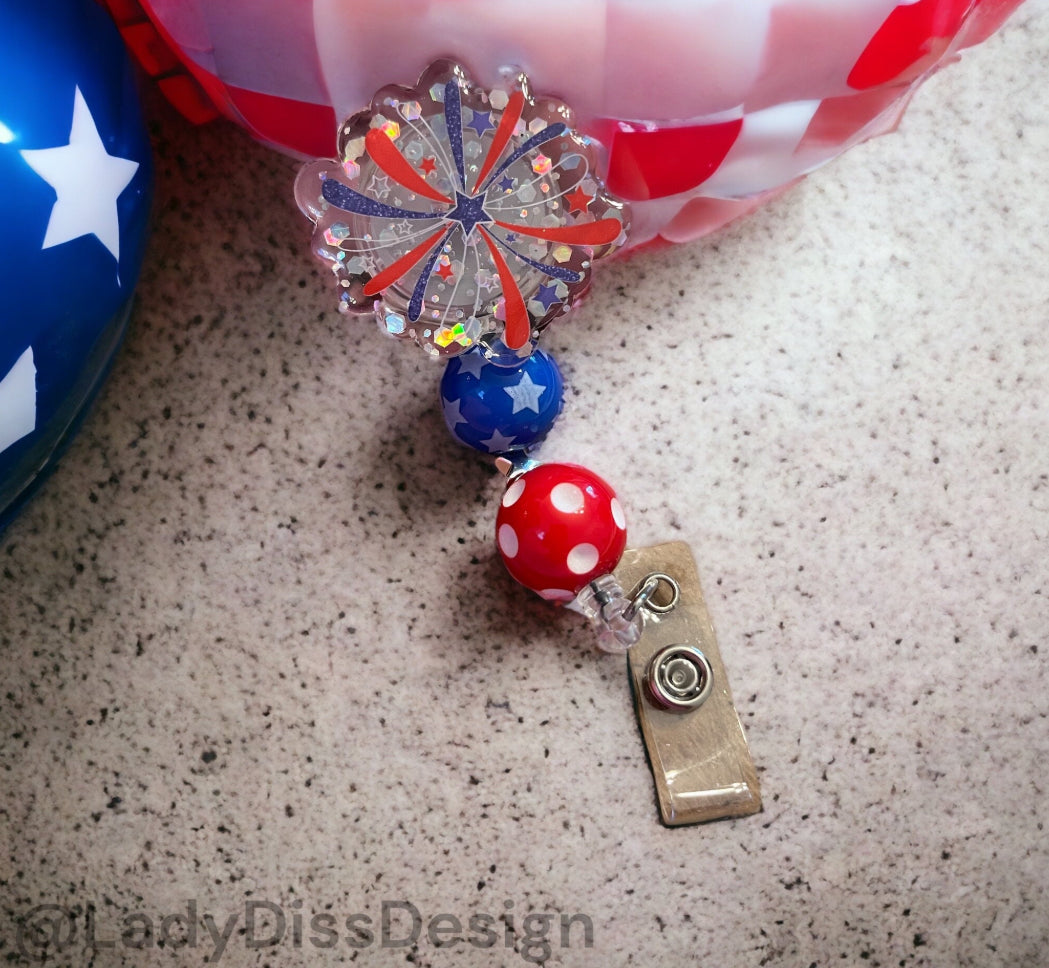 Patriotic 4th of July USA AMERICA Badge Reel Alligator Clip Retractable