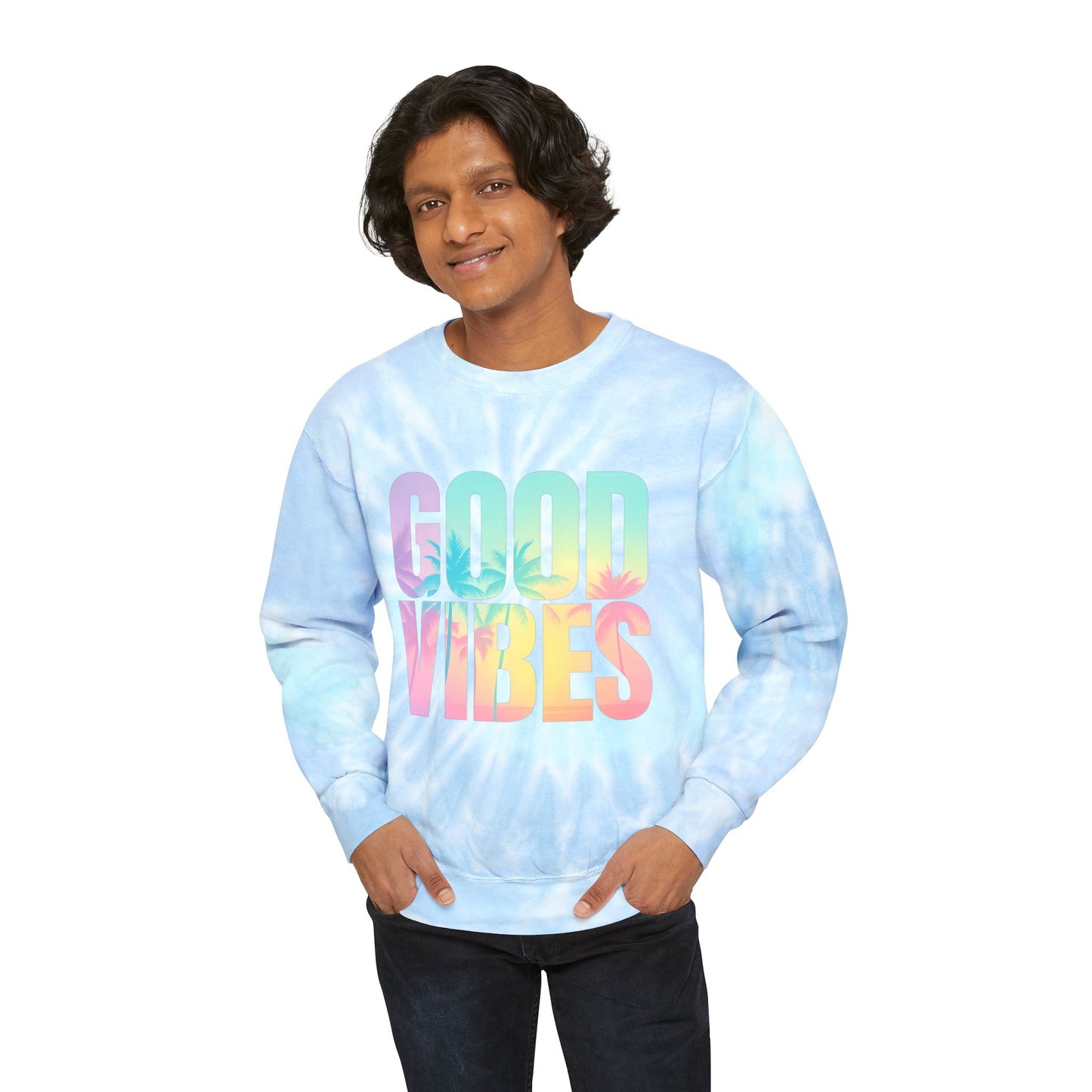 Good Vibes Unisex Tie-Dye Sweatshirt, Cozy Pullover for Relaxation, Gift for Friends, Summer Festivals, Beach Days, Casual Style