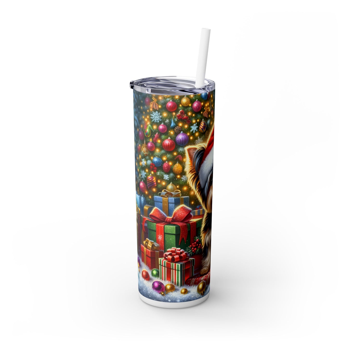 Christmas Yorkie Santa Hat Yorkshire Terrier Skinny Tumbler with Straw, 20oz