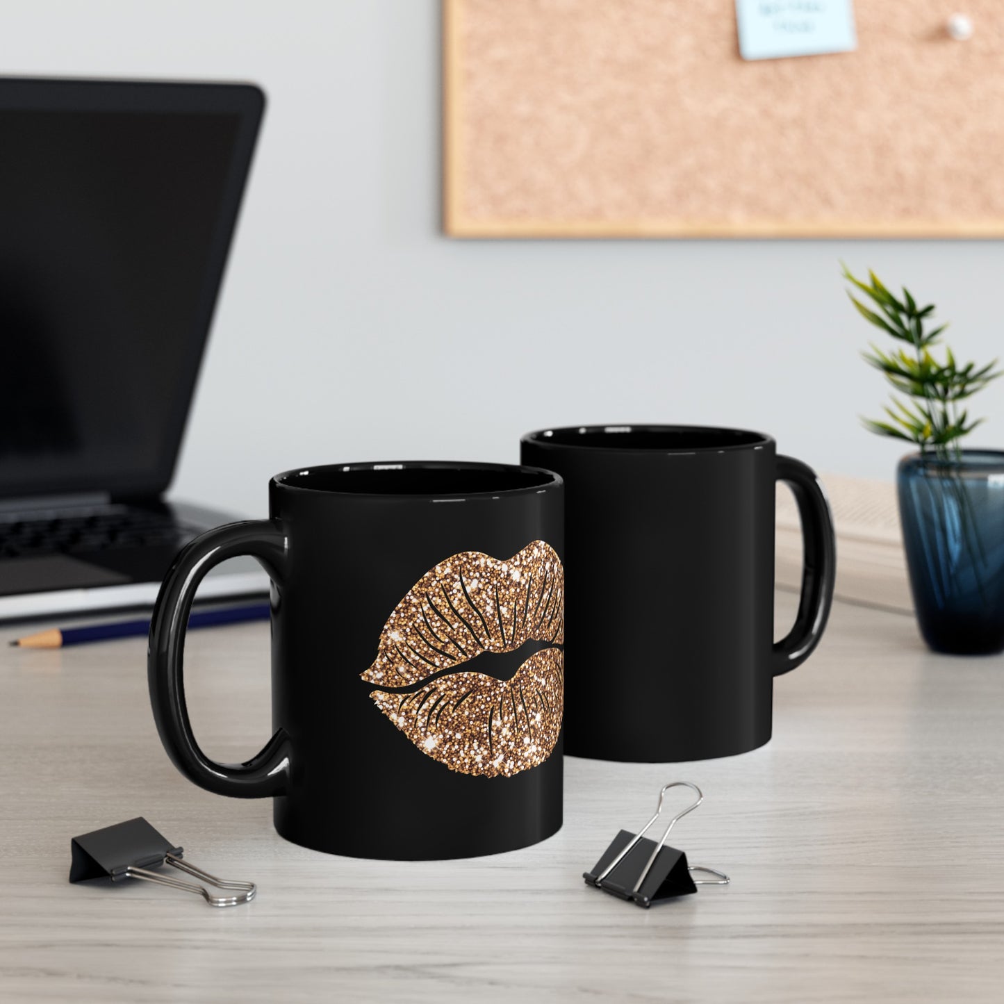 Lips Kiss Glitter Gold Black Mug (11oz, 15oz)
