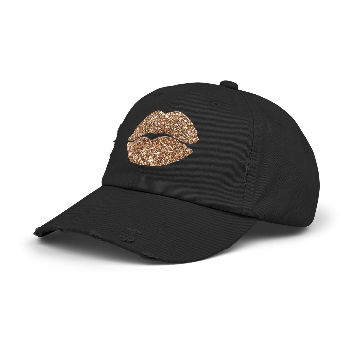 Lips Kiss Glitter Gold Unisex Distressed Cap