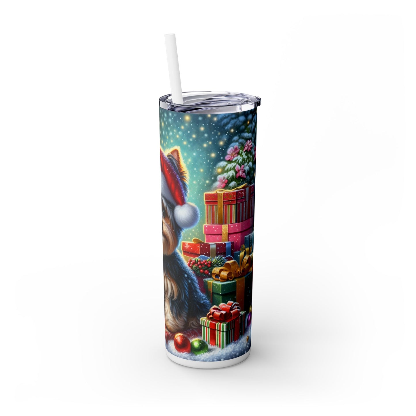 Christmas Yorkie Santa Hat Yorkshire Terrier Skinny Tumbler with Straw, 20oz