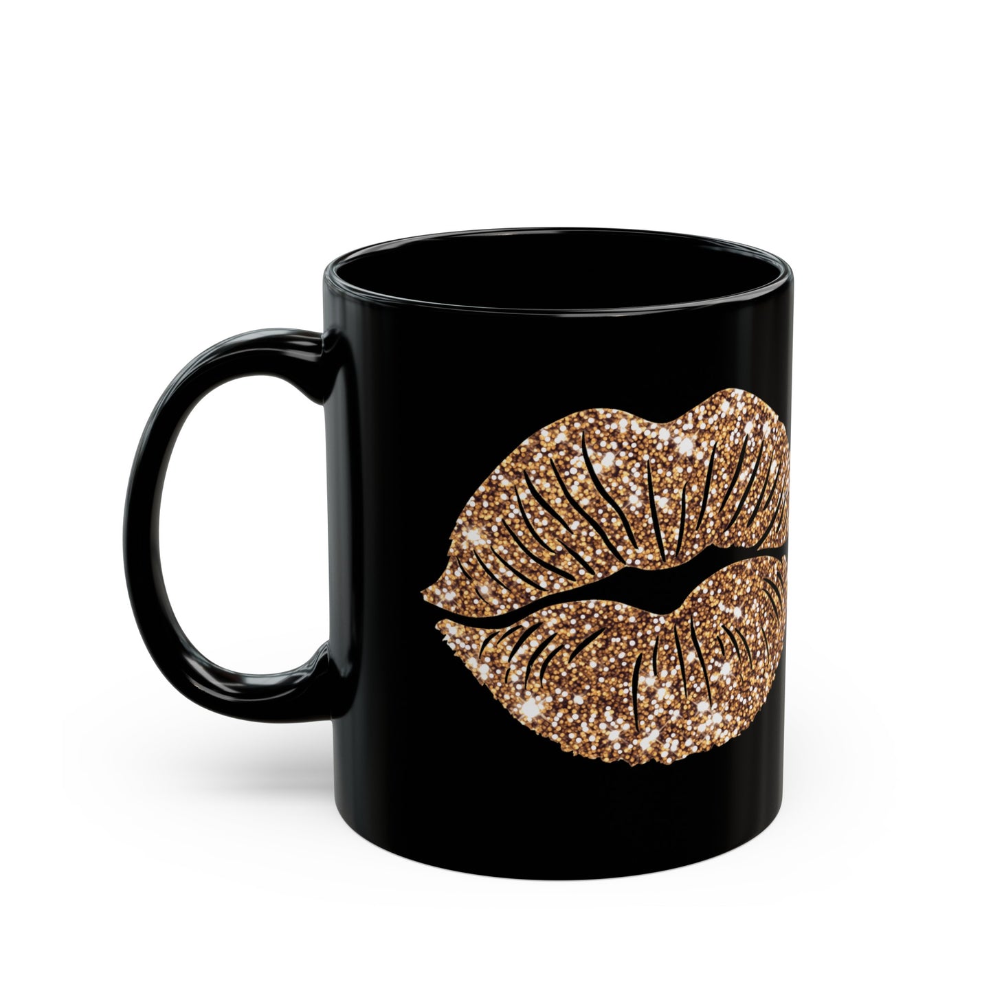 Lips Kiss Glitter Gold Black Mug (11oz, 15oz)