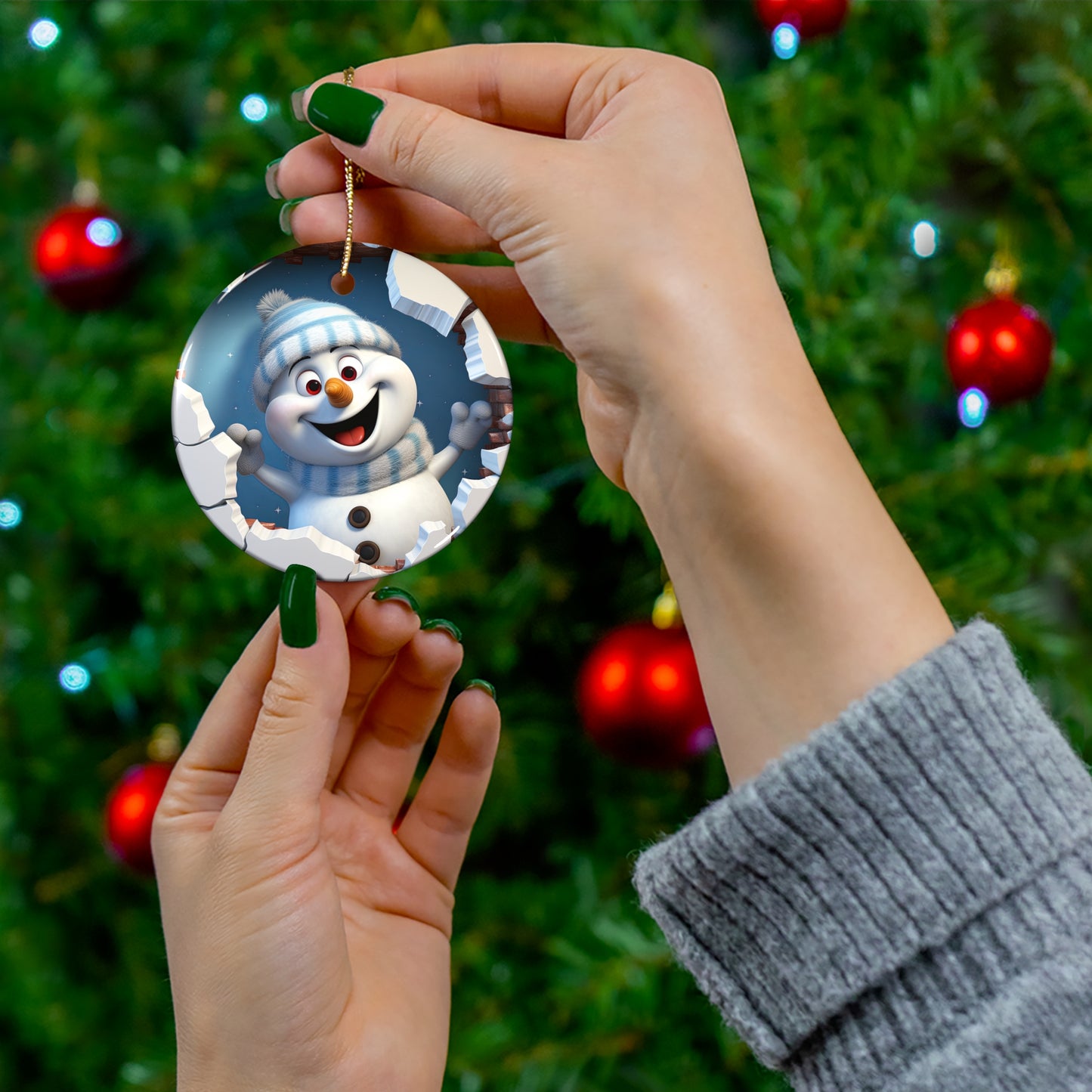 Happy Snowman 3D Look Ceramic Ornament, 4 Shapes