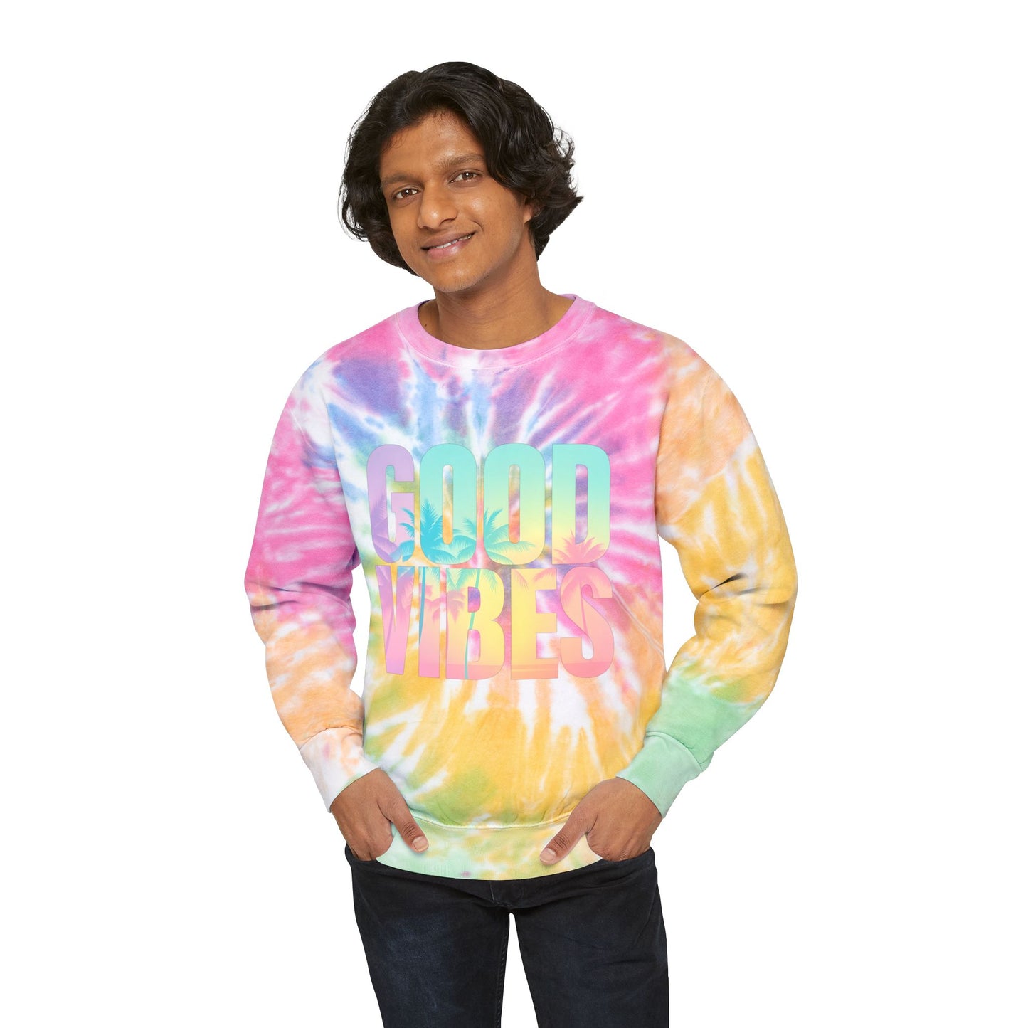 Good Vibes Unisex Tie-Dye Sweatshirt, Cozy Pullover for Relaxation, Gift for Friends, Summer Festivals, Beach Days, Casual Style