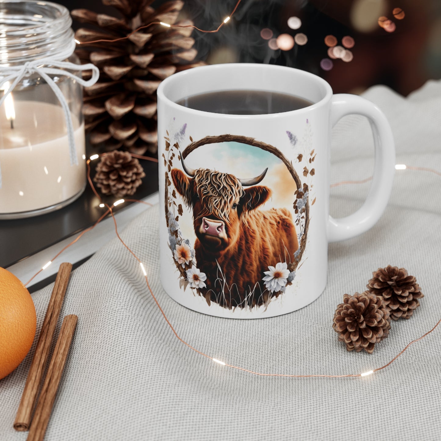 Highland Cattle Cow White Ceramic Mug, 11oz