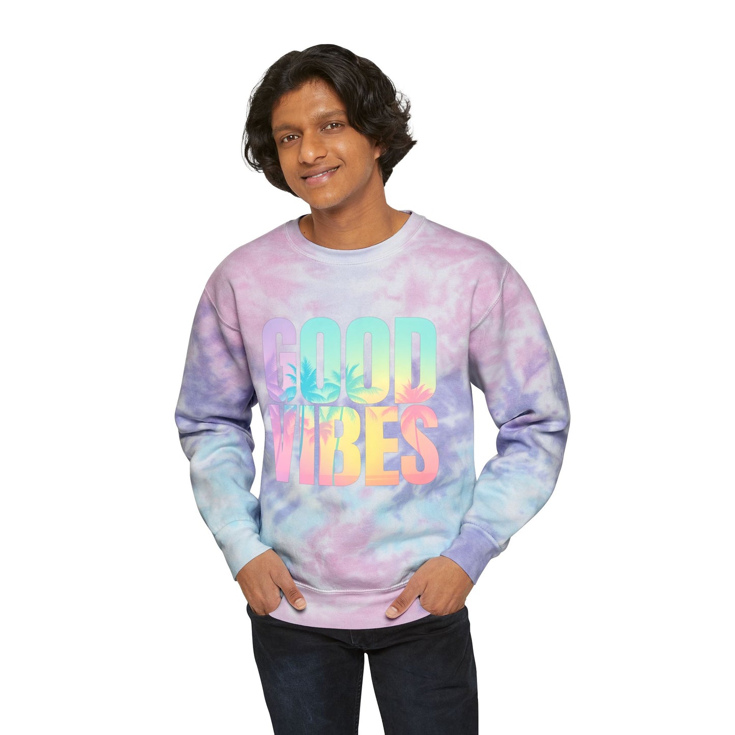 Good Vibes Unisex Tie-Dye Sweatshirt, Cozy Pullover for Relaxation, Gift for Friends, Summer Festivals, Beach Days, Casual Style
