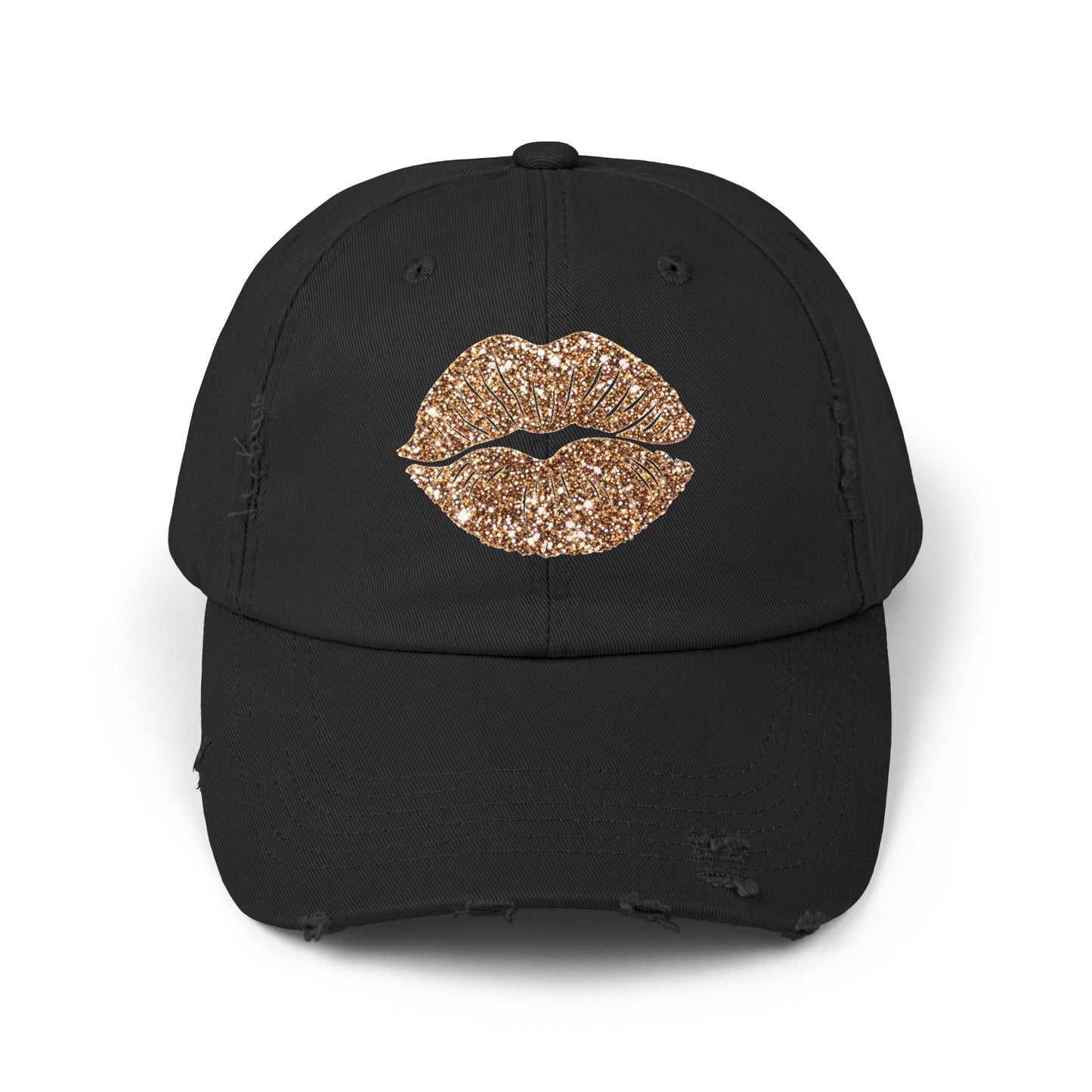 Lips Kiss Glitter Gold Unisex Distressed Cap