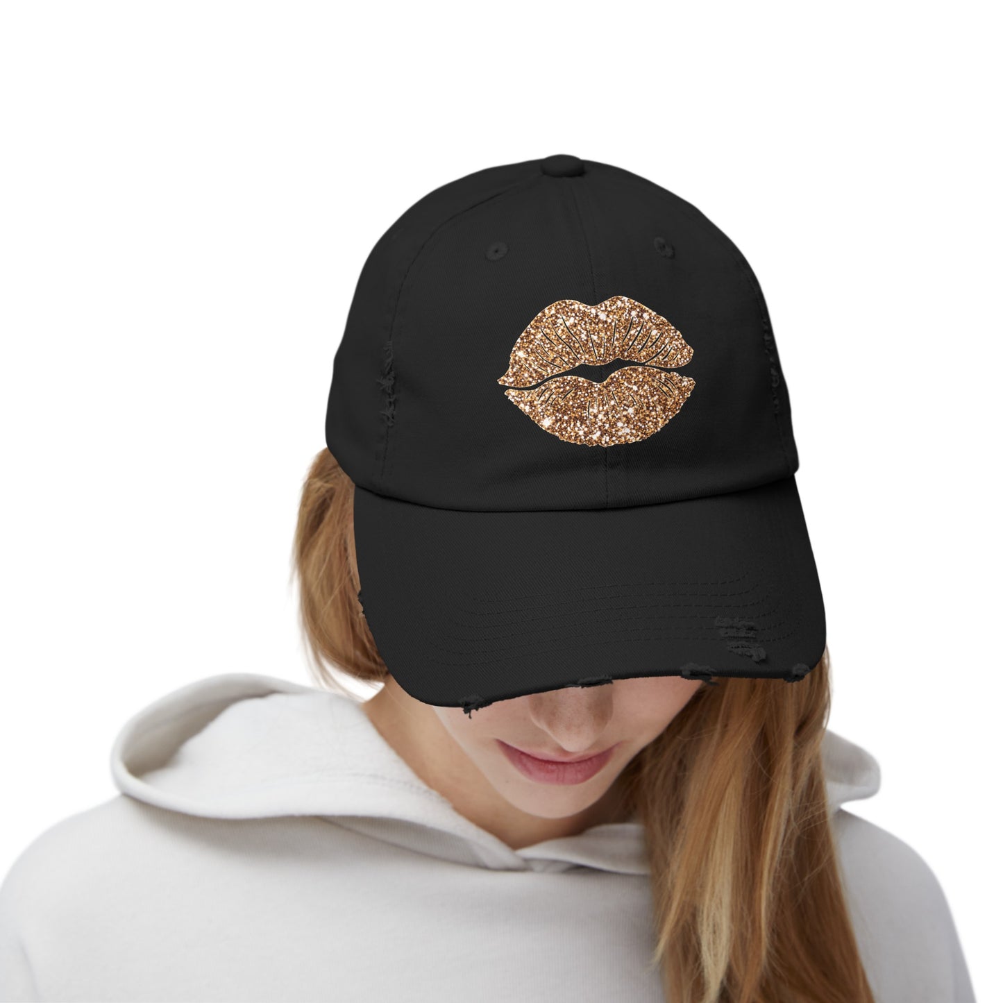 Lips Kiss Glitter Gold Unisex Distressed Cap