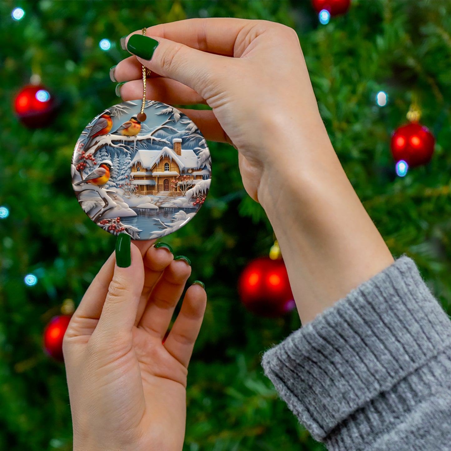 Holiday Winter Snow House Cabin 3D Ceramic Ornament, 4 Shapes