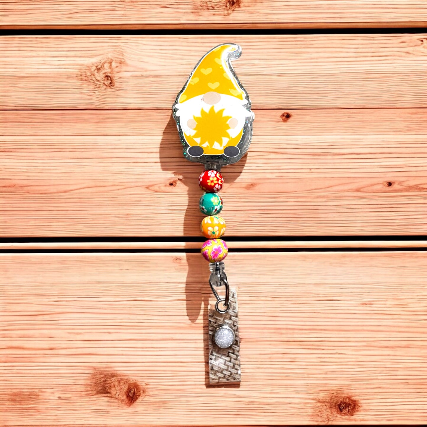 Sunshine Gnome Beaded Retractable Badge Reel