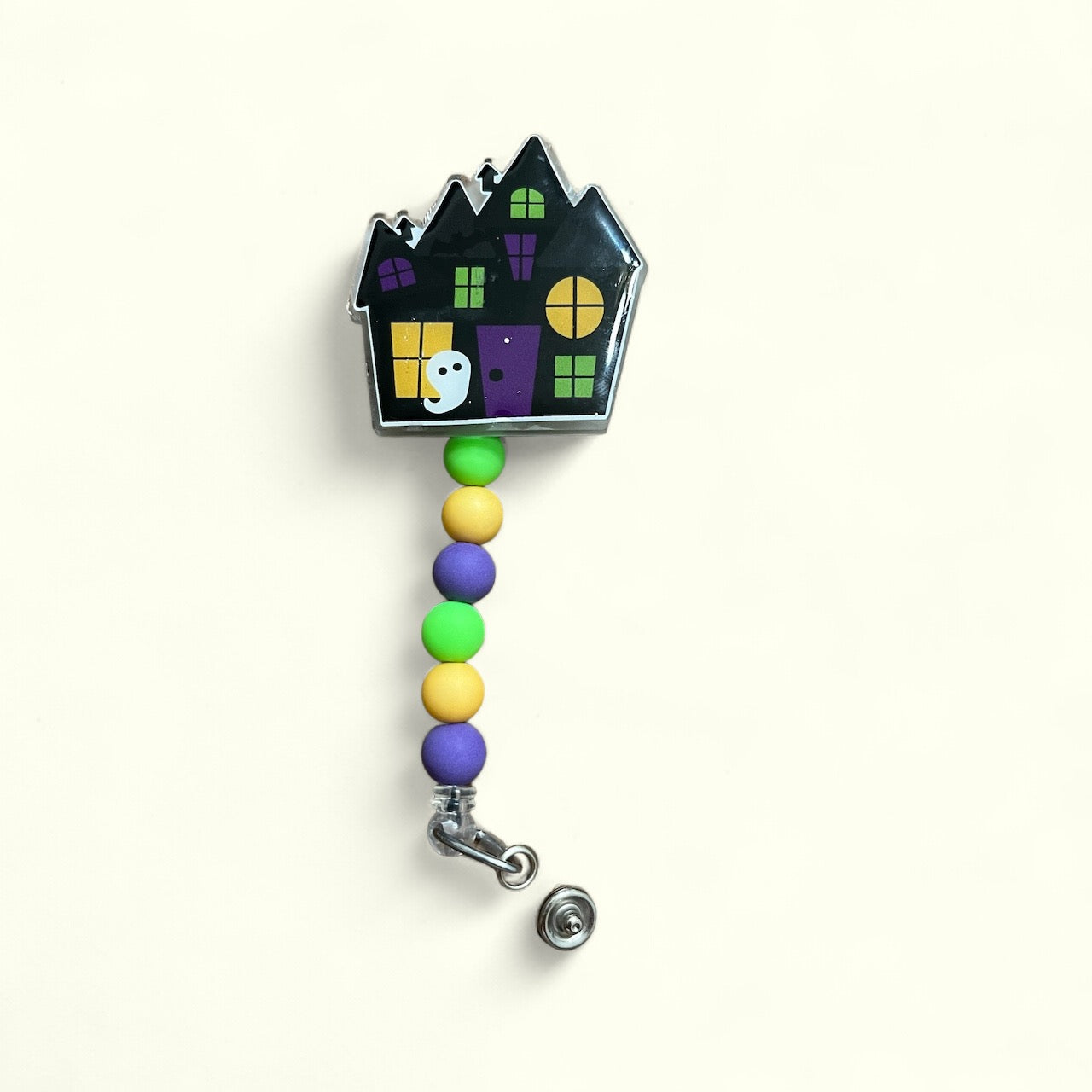 Halloween Haunted House Glow In The Dark Badge Reel with Beads