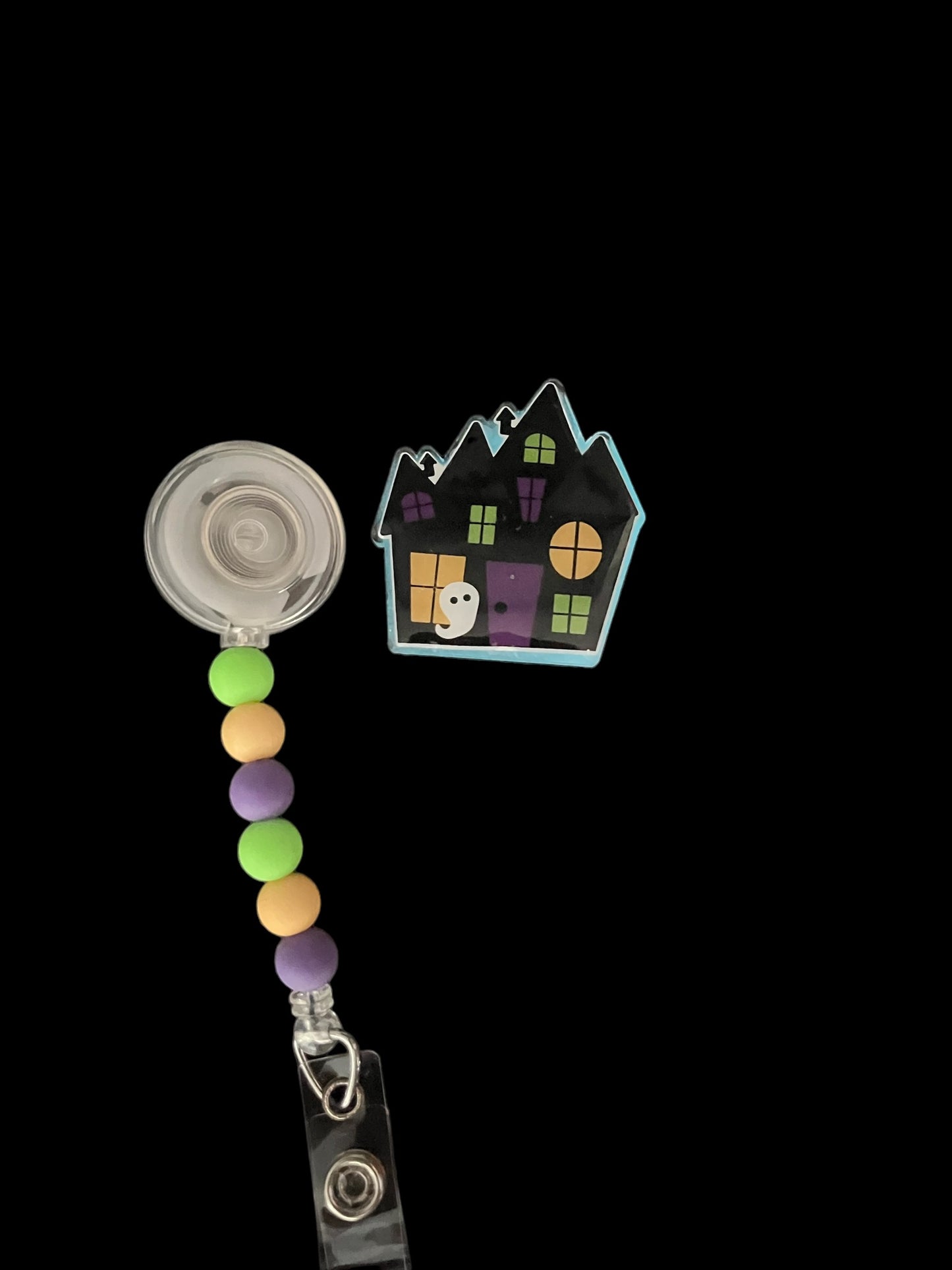 Halloween Haunted House Glow In The Dark Badge Reel with Beads