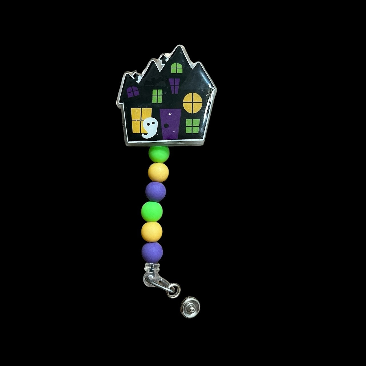 Halloween Haunted House Glow In The Dark Badge Reel with Beads