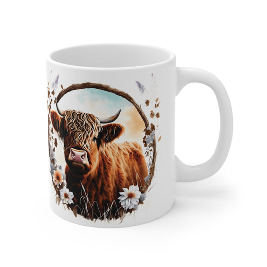 Highland Cattle Cow White Ceramic Mug, 11oz