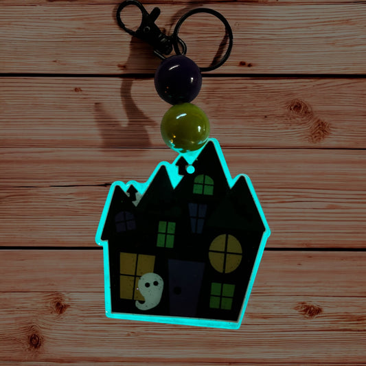 Haunted House Keychain Bag Tag Glows in the Dark 3” Beaded