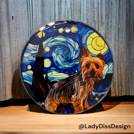 Custom Pet Portrait Ornament – Blue Swirling Night Sky, 3″ Glass PetResQ