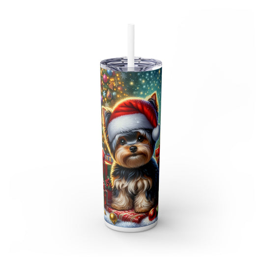 Christmas Yorkie Santa Hat Yorkshire Terrier Skinny Tumbler with Straw, 20oz