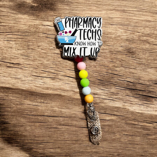 PHARMACY TECHS Badge Reel Slip On Retractable Beaded