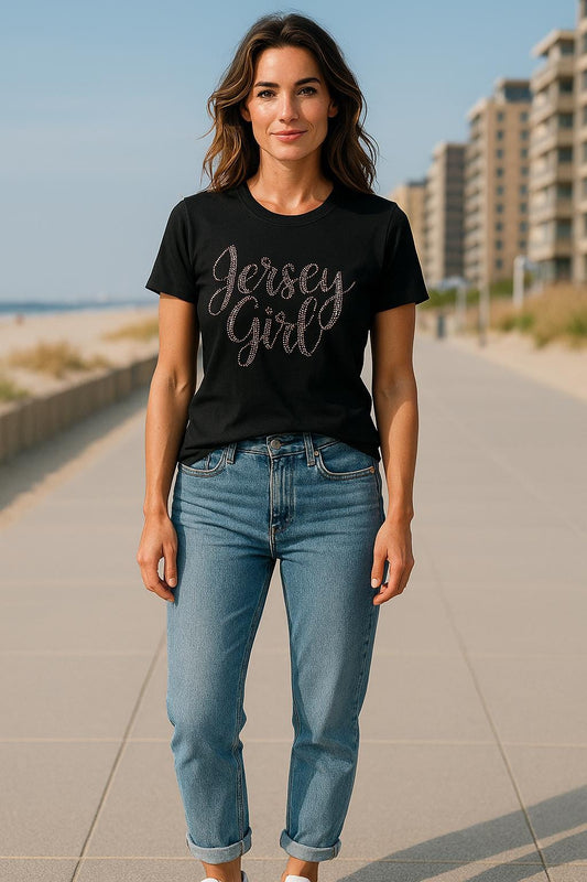 Rhinestone Jersey Girl Tee | Sparkly New Jersey Shirt | Bling Graphic T-Shirt