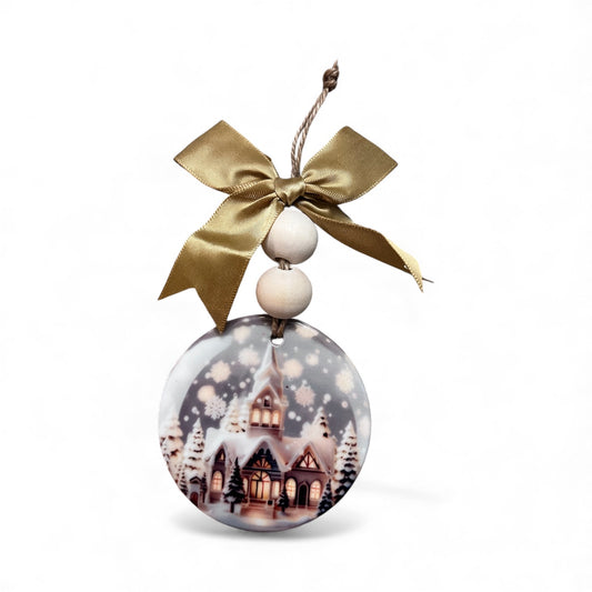 Snowy Winter Church Ceramic Ornament – 3” Holiday Village Scene